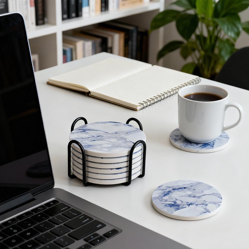 Absorbent Ceramic Coaster Sets of 6 with Holder, Marble Style