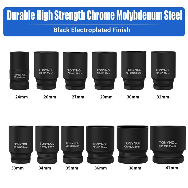 TONYNOL 3/4 Inch Drive Deep Impact Socket Set,6-Point,Metric (24mm to