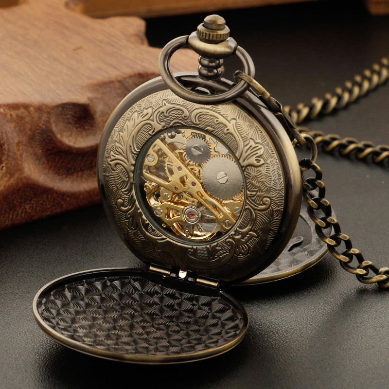 Double Opening Case Bronze Mechanical Pocket Watch Deer Hollow Case,