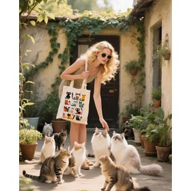 METALPHA Funny Cat Tote Bag for Women Girls - Resuable Double-Sided Printed Cartoon Cats Canvas Tote Bag with Snap Closure and Pocket