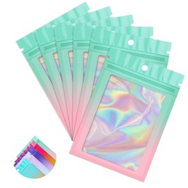 Funfery 100 Pack Gradient Holographic Bags,Mylar Resealable Bags with Zipper,Clear Window Packaging Pouchs,Plastic Smell Proof Foil Bags for Food Storage,Sample Jewelry Baggies(3×4.7In,Green Pink)