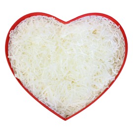 Emartbuy Rigid Heart Gift Box, 19 x 17 x 7.5 cm, Textured Red Box with White Lid, Satin Bow and 50g Shredded Paper in Cream
