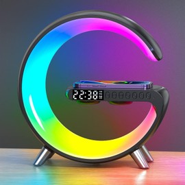 Atmosphere Lamp with Wireless Charger, Intelligent LED Table Lamp, Bluetooth Speaker, Dimmable Night Light, Touch Lamp, Alarm Clock with Music Sync, App Control (Black)