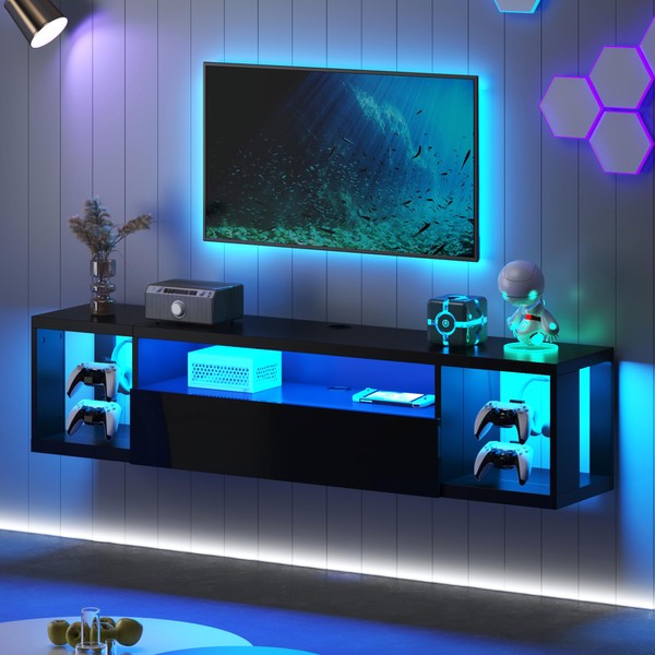DlandHome Floating TV Stand with LED Light,Wall-Mounted Media Console, Floating