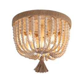 AMZASA Boho Flush Mount Ceiling Light Wooden Beaded Hepm Rope Oak Withe Farmhouse Beaded Chandelier Light Fixture 3 Lights for Nursery Bedroom Hallway Entryway