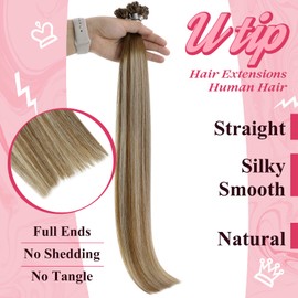 Sunny U Tip Real Hair Extensions Balayage Blonde U Tip Human Hair Extensions Keratin Hair Extensions Balayage Medium Brown to Platinum Blonde with Highlight U Tips Natural Hair Extensions 24inch 50G