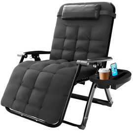 Elevens Oversized Zero Gravity Chair, 30in Reclining Patio Lounge Chair with Removable Cushion & Tray, Adjustable Headrest, Black, Support 500lbs