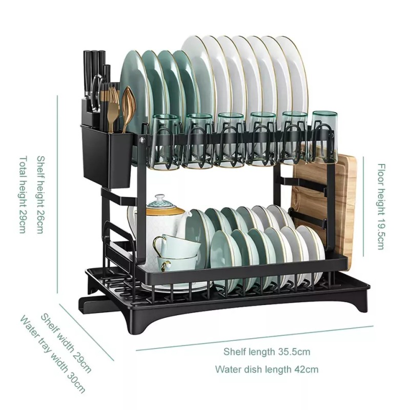 AIDERLY 2 Tier Dish Drainer Rack with Drip Tray Cutlery