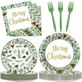 96PCS Christmas Paper Plates and Napkins, Christmas Party Decorations for Holly Holiday Birthday Party Disposable Dinner Dessert Plates, Merry Christmas Seasonal Holly Tableware Decor, Serves 24