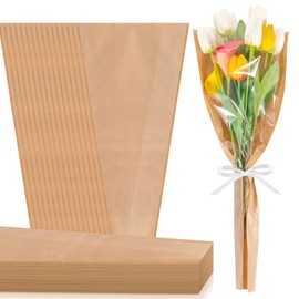 50PCS Flower Bags for Bouquets Kraft Paper Flower Sleeves Wrapping Paper Clear Front Floral Bags Florist Wrap Supplies (17.1x 9.8 Inch, 50pcs, Kraft Paper)