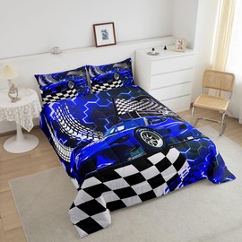 Toddler Race Car Bed,Blue Neon Lights Honeycomb Twin Bedding Set for Boys Cool Sports Car Glitter Beehive Geometric Hexagon Comforter Set,Black White Grid Lattice Quilt Buffalo Plaid Decor