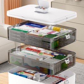 Caja de Almacenamiento de Medicamentos - Botiquín de Primeros Auxilios de 3 Niveles con Particiones, Mango y Bandejas Duales, Caja de Medicina de Emergencia Portátil y Práctica (Leche blanca)