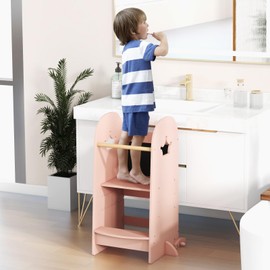 HONEY JOY Kitchen Step Stool for Toddlers, Children Wooden Standing Tower w/Safety Rail, Montessori Foldable Kids Learning Stepping Stool for Kitchen Counter (Pink)