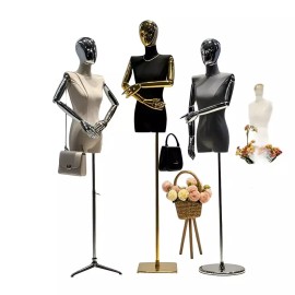 J. Beige Silver 상반신 마네킹 마네킨 여성용 하프바디 여자 옷가게 [J. 베이지실버 핸드두꺼운 실버 사각 바닥] Half Body Female Mannequin for Women's Clothing Store [J. Beige Silver Hand Thick Silver Square Base]