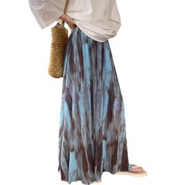 ORWZDCO Retro Maxi Skirt, Dyed Print, Women's, Long Skirt, Bi-Color, A-Line Skirt, Chiffon, Ruffle, Elastic Waist, High Waist, Slimming, Resort, Fashion, Thin, Spring, Summer, Autumn, blue, L