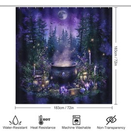 DIPQIMI 4Pcs Mysterious Witch Cauldron Shower Curtain Sets with Rugs, Toilet Lid Cover and Bath Mat, Forest Night Bathroom Shower Curtains Set with 12 Hooks
