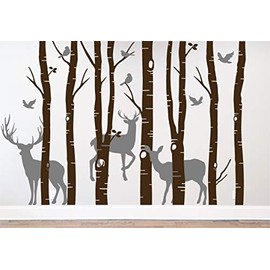 Birch Tree Branches Forest Birds Winter Deer Silhouette Wall Decal Sticker Nature Woods Scene