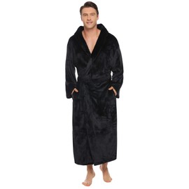 Vlazom Men Dressing Gown, Flannel Soft Bathrobe Cosy Warm Robes Fluffy Hooded Housecoat forWinter Loungewear, A-black, M