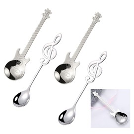 LINGJIA Set of 4 Tea Spoons, Guitar Coffee Spoon, Music Spoon, Gift, Guitar Spoon Spoon, Musician Gift, Stainless Steel Spoon, Musical Note Spoon, for Coffee, Dessert, Drinks, Milkshake
