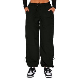 Waitfairy Womens Cargo Pants Drawstring Elastic Waist Baggy Fit Pants Y2K Parachute Pants with Multiple Pockets Black Black S