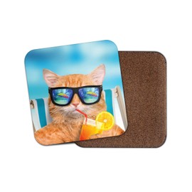 1 x Funny Sunbathing Cat Coaster - Summer Sun Holiday Kitten Fun #14582