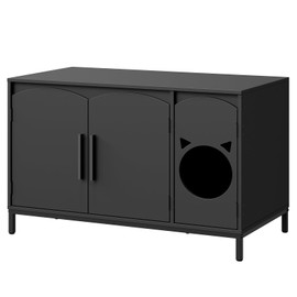 HOOBRO Cat Litter Box Enclosure, Cat Head Decor Storage Cabinet, Hidden Litter Box Furniture with Elegant Arched-Door Design, Wooden Litter Box Cabinet with Iron-Leg, End Side Table, Black BK31MW01