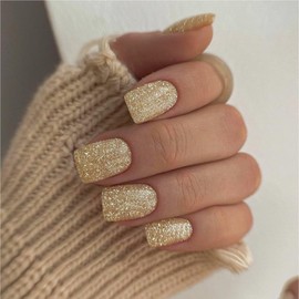 Light Brown Glitter Press on Nails Short Square Shape Sparkling Short Gel Nails Press on Acrylic Nails Fake Nails for Women Glue on Nails Short with Bling Glam Designs Square False Nails 24Pcs