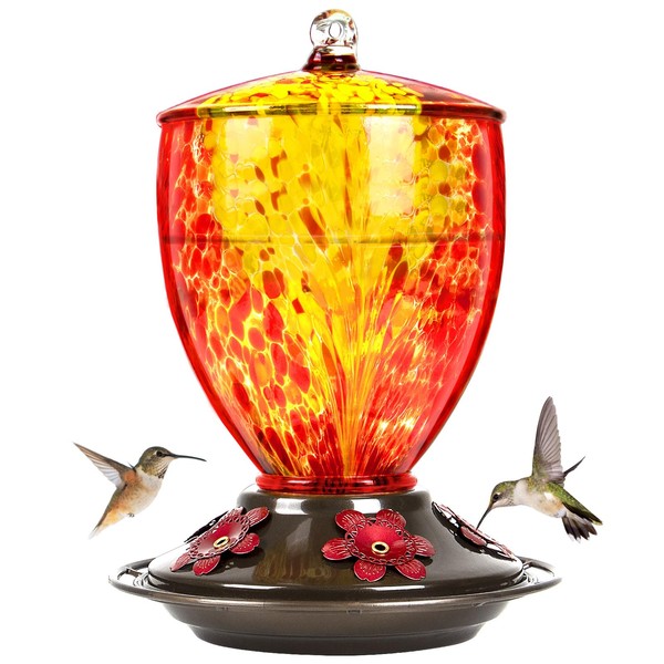 BOLITE 21003RD Hummingbird Feeders for Outdoors, Hand Blown Glass, 30 Ounce, 5 Feeding Ports with Perch, Red