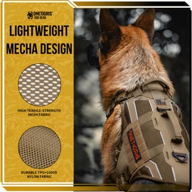 OneTigris Tactical Dog Harness for Medium Large Dogs, Adjustable Tactical Dog Harness with Handles, Reflective Vest Heavy Duty & Breathable Military Assistance Vest with No Pull Buckle, Brown