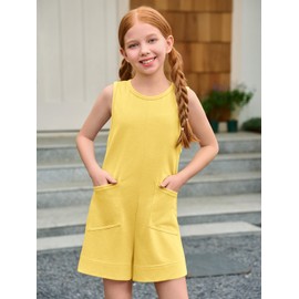 Haloumoning Girls Romper Sleeveless Short Jumpsuits Kids Casual One Piece Summer Outfits with Pockets 5-14 Years