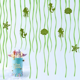 Green Seagrass Garland Under The Sea Mermaid Birthday Party Decoration Shell Starfish Jellyfish Hanging Decoration Baby Children's Room Space Dressing Set Nursery Classroom Party Streamers