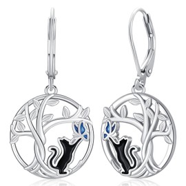 Cat Earrings 925 Sterling Silver Hanging Tree of Life Earrings for Women Animal Small Hoop Earrings Girls Cat Jewellery for Women Children, Silver, No Gemstone