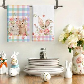 QKURT Easter Kitchen Towels Dish Towels for Kitchen Decor Set of 2, Easter Decorations Stripe Eggs Floral Bunny Plaid Seasonal Washcloths