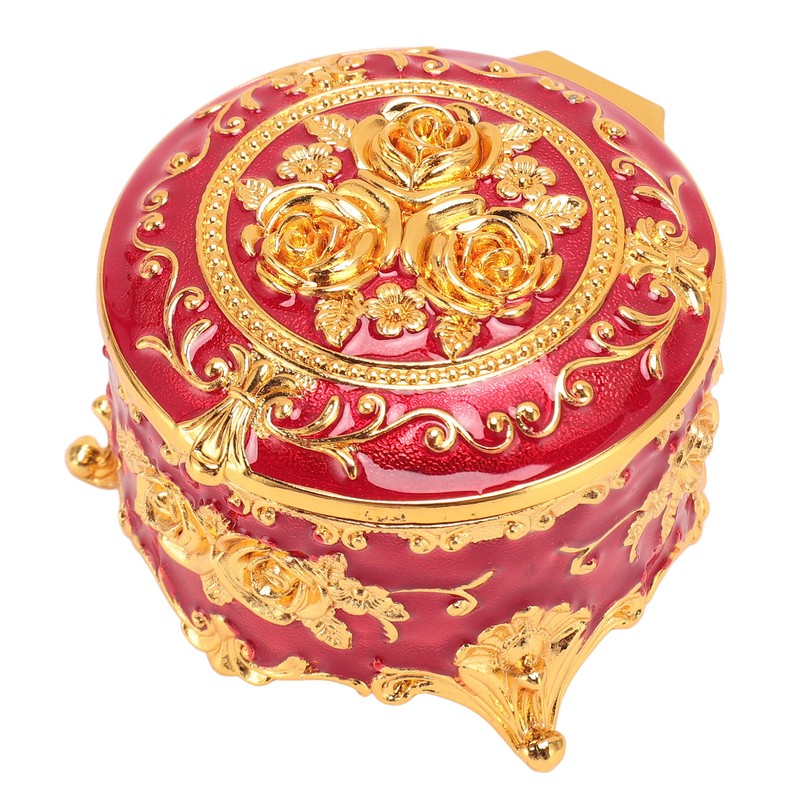 Vintage Metal Jewelry Box Round Exquisite Hand Carved Gold Flower