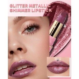 Glitter Metallic Shimmer Lipstick Long Lasting,High Shine Glitter Diamond Creamy Red Color Matte Lipstick Transfer Proof Non-Stick Lip Gloss Shimmer High Impact Full Coverage Lip Makeup for Women-06
