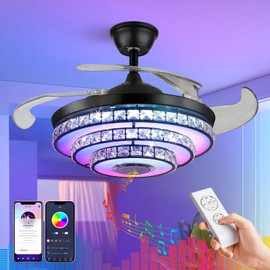 efperfect Modern 42" Bluetooth Ceiling Fan Light with Music Speaker, Black Crystal Fandelier Ceiling Light with Reversible Blades 6 Fan Speed 7 RGB Colors Ceiling Fan Light with Remote and APP Control