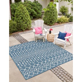 Unique Loom Outdoor Trellis Collection Area Rug - Tribal Trellis (10' Square, Blue/ Ivory)