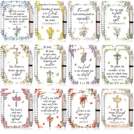 Feifeiya 48 Pcs/24 Set Christian Gifts Bulk for Women Men Floral Spiral Notebook and Bible Verse Ballpoint Pen Prayer Journal Religious Scripture Notepad Religious Gift for Office Church Teacher Nurse