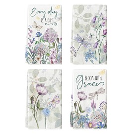 Artoid Mode Hydrangea Lavender Floral Spring Kitchen Towels Dish Towels, 18x26 Inch Farmhouse Dragonfly Decoration Hand Towels Set of 4