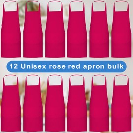 Jeffbaubl 12 Pack Bib Apron,Rose Red Aprons Bulk,Unisex Plain Aprons with 2 Pockets,Blank Apron with Long Ties for Adults Cooking Painting BBQ Grilling Baking Machine Washable,32 x 28 Inch(Rose red)
