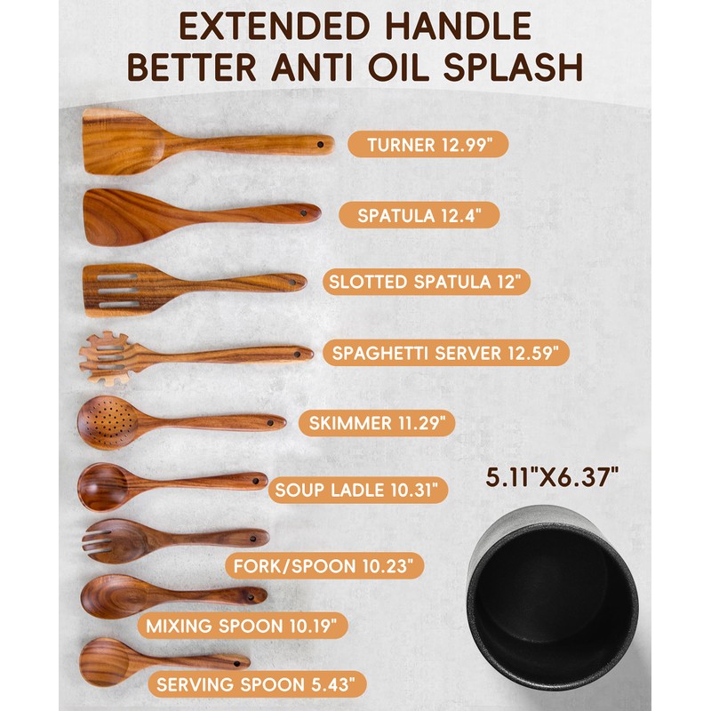Nucookery Wooden Cooking Utensils Set with Holder, Teak Wood Utensils,