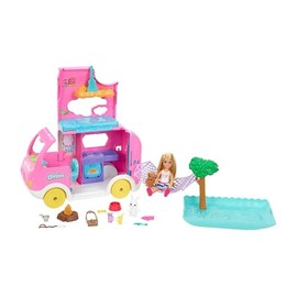 Barbie Set de Juego Chelsea Nuevo Camper con Accesorios como una fogata, una Guitarra y comiditas para Chelsea y Sus Mascotas para niñas de 3 años en 