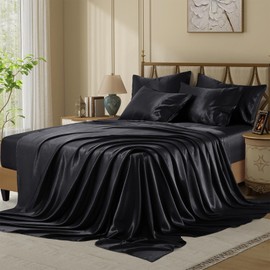 VCUSUELER Silk Like Satin Bed Sheets, 4-Piece Black Twin XL Size Satin Sheets for Hair and Skin, Luxury Silky Bedding Set with Deep Pocket for Mattress (Twin XL, Black)