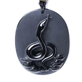 Chinese Zodiac Snake Amulet/Talisman Pendant Necklace Made of Obsidian Gemstone: Horoscope Animal/Sign, Bella Jade