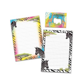 Writing Paper Set with 2 Writing Pads and 25 Envelopes for Girls Kids Safari Zebra (1 Pad Colourful and 1 Pad for Colouring A4 with 25 Sheets Each + 25 Matching Printed Envelopes)