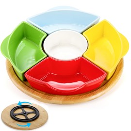 Lyellfe Porcelain Divided Serving Dish Lazy Susan, 11 Inch 360° Rotatable Appetizer Serving Tray Platter, Colorful Relish Tray, 5 Removable Bowl for Chip Dip, Snack, Nut, Candy