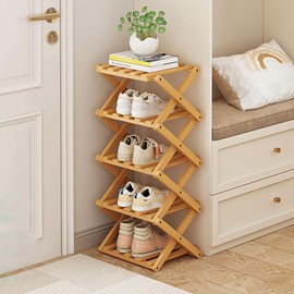 YYW Shoe Rack, Foldable Bamboo Shoes Shelf, Freestanding Shoe Storage Organiser for Entryway, Hallway, Bedroom, Closet (Wood Color, 5 Layers)