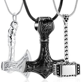 Thor Axe Cremation Jewelry for Ashes for Women Men Viking Jewelry Memorial Pendant Urn Necklace for Loved One Ashes Holder (3PCS-Silver&Black)