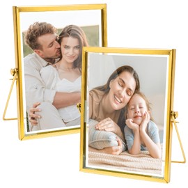 RANJIMA 2 x 15 x 20 cm Gold Double Glass Photo Frame Glass Frame for Pressed Flowers, Metal Desktop Glass Table Picture Frame Standing Double-Sided Photo Frame Display Photos, Artworks, Posters