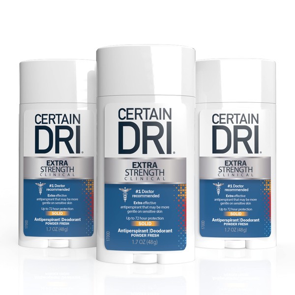 Certain Dri Extra Strength Clinical Antiperspirant Solid Deodorant, Hyperhidrosis Treatment for Men & Women, Powder Fresh, 1.7oz (3 Pack)